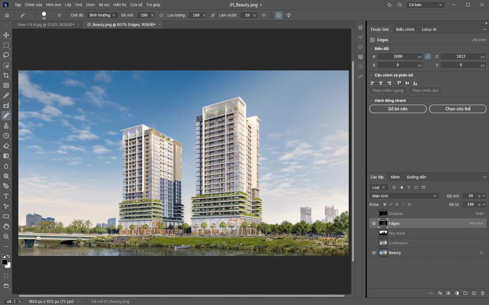 A layer stack of render passes: Beauty, Luminance, Sky mask, Edges, Shadow, one layer per pass