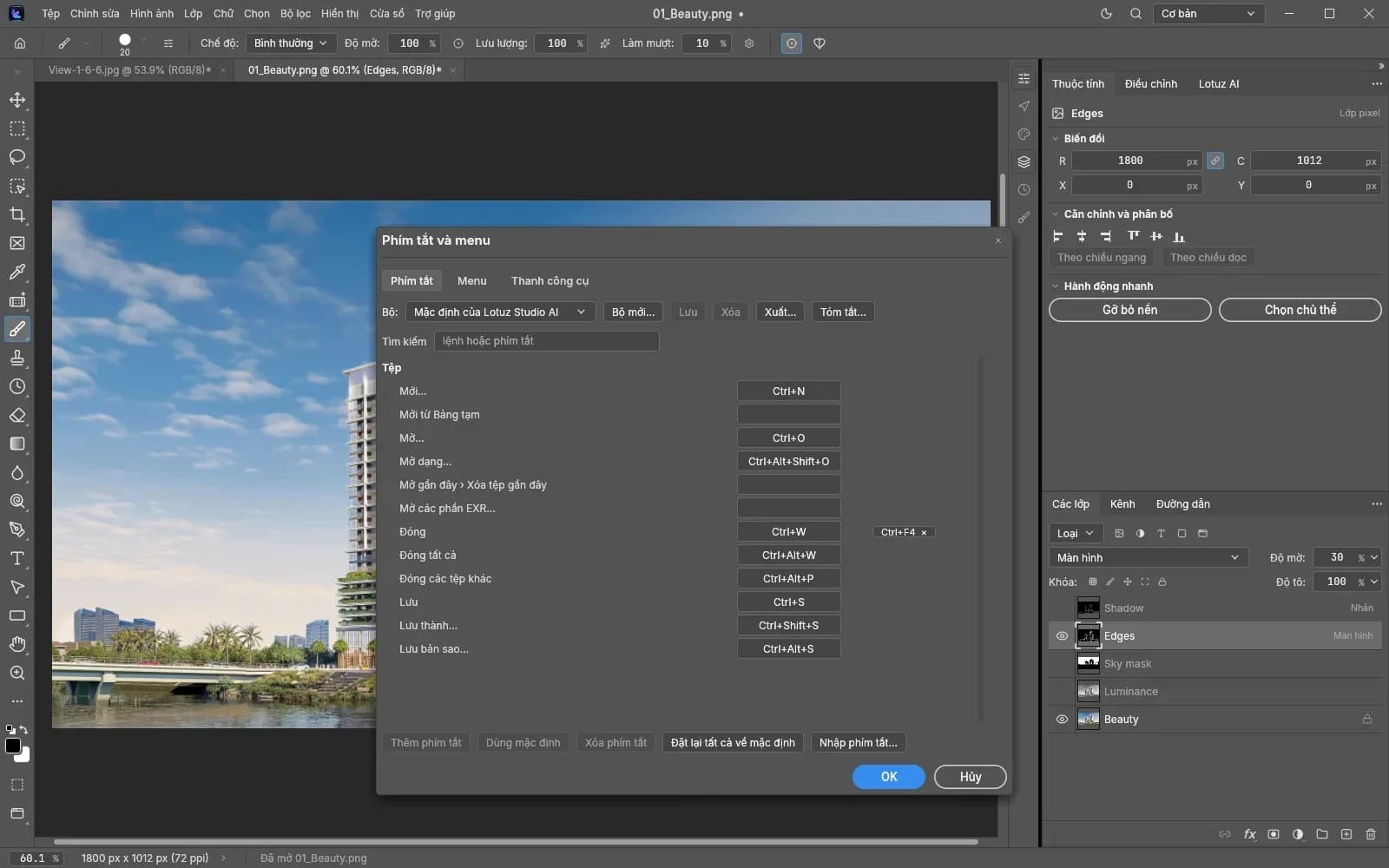 The Lotuz Studio AI keyboard shortcuts panel following Photoshop