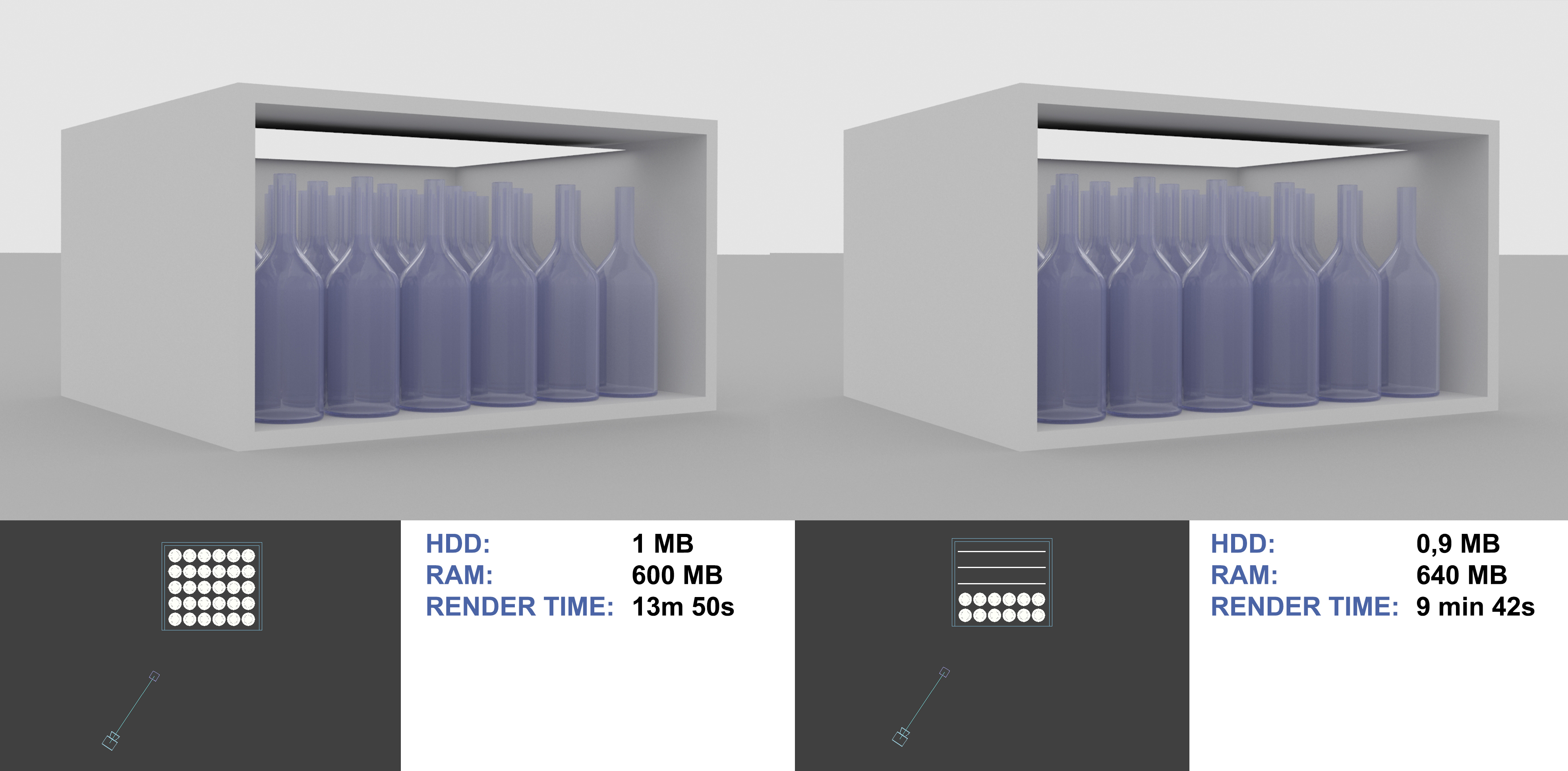 So sánh cụm chai thuỷ tinh dựng thật và thay bằng mặt phẳng render sẵn