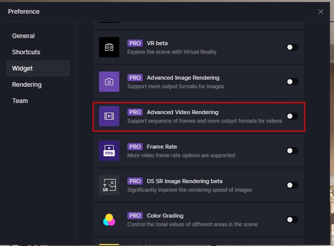 Danh sách widget trong Preference: Advanced Video Rendering nằm cạnh Advanced Image Rendering, Frame Rate và Color Grading