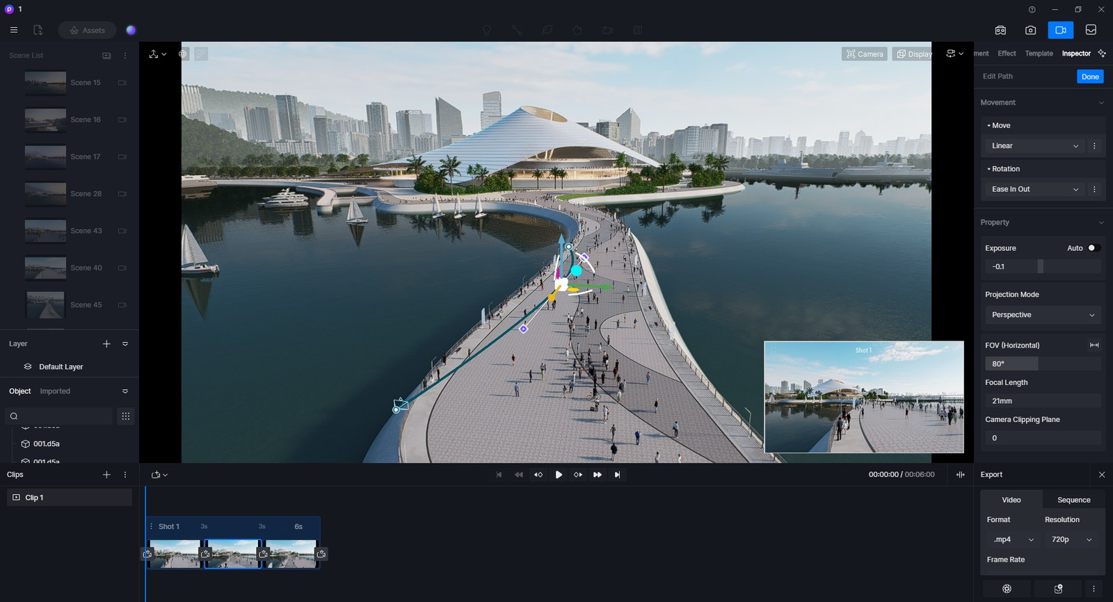 Đường đi máy quay đang được chỉnh trong khung nhìn, các view hiện thành mốc trên thanh thời gian