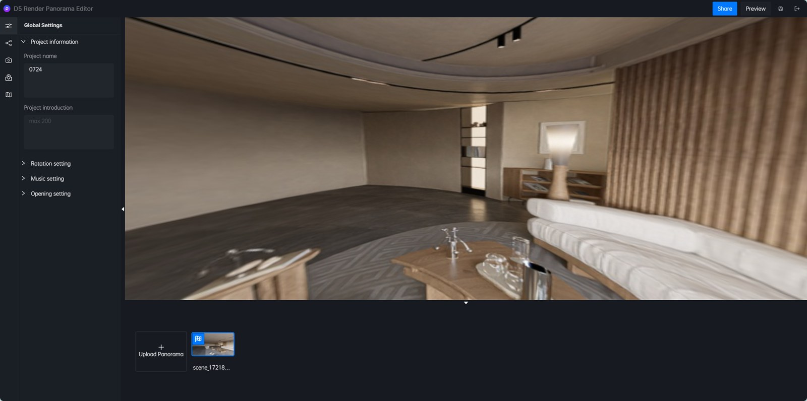 Ảnh panorama nội thất sau khi tải lên, đã xoay nhìn được trong trình duyệt