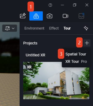 Trong D5, biểu tượng Tour ở góc trên bên phải mở bảng dự án; nút cộng cho chọn tạo Spatial Tour hoặc XR Tour