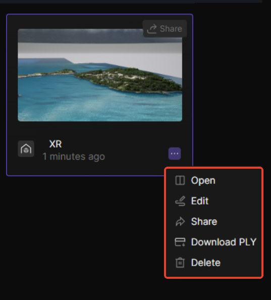 Menu của một file XR Tour: mở, biên tập, chia sẻ, tải file PLY, xóa