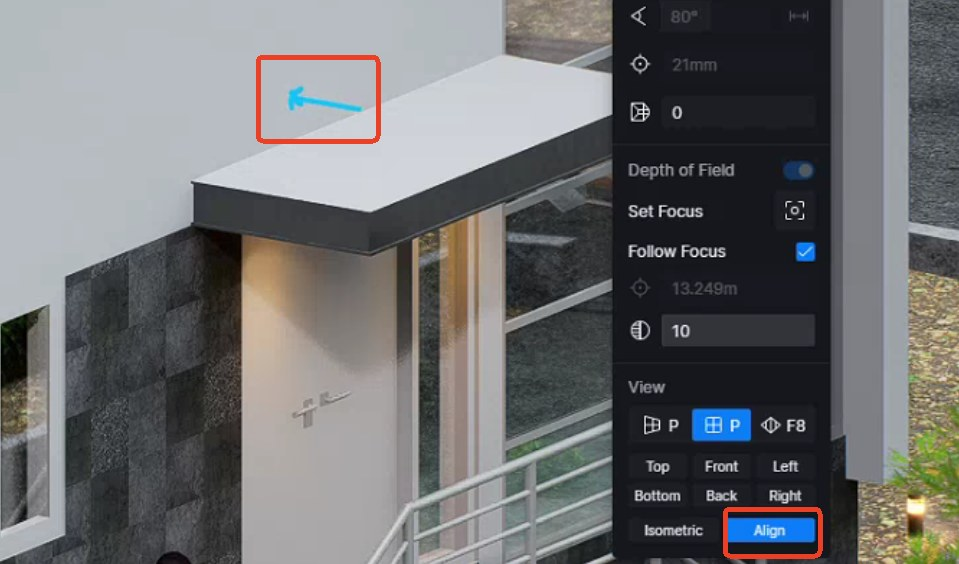 Công cụ Align: click vào một mặt của model để camera tự xoay vuông góc với mặt đó