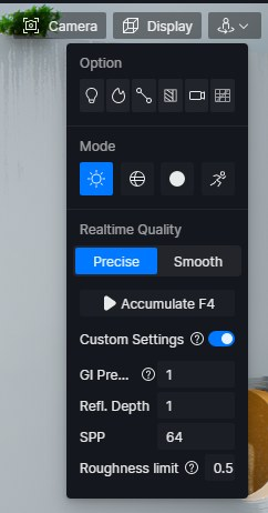 Khối Realtime Quality với nút Accumulate F4 và các tham số GI Precision, Refl. Depth, SPP, Roughness limit