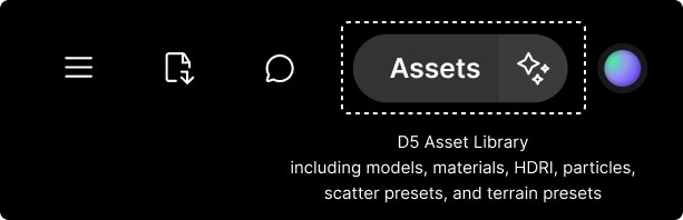Nút Assets trên thanh công cụ mở thư viện gồm model, vật liệu, HDRI, particle, scatter và terrain