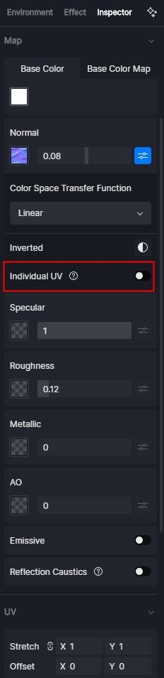 Bảng Inspector vật liệu của D5 với các kênh Normal, Specular, Roughness, Metallic, AO và nhóm UV bên dưới