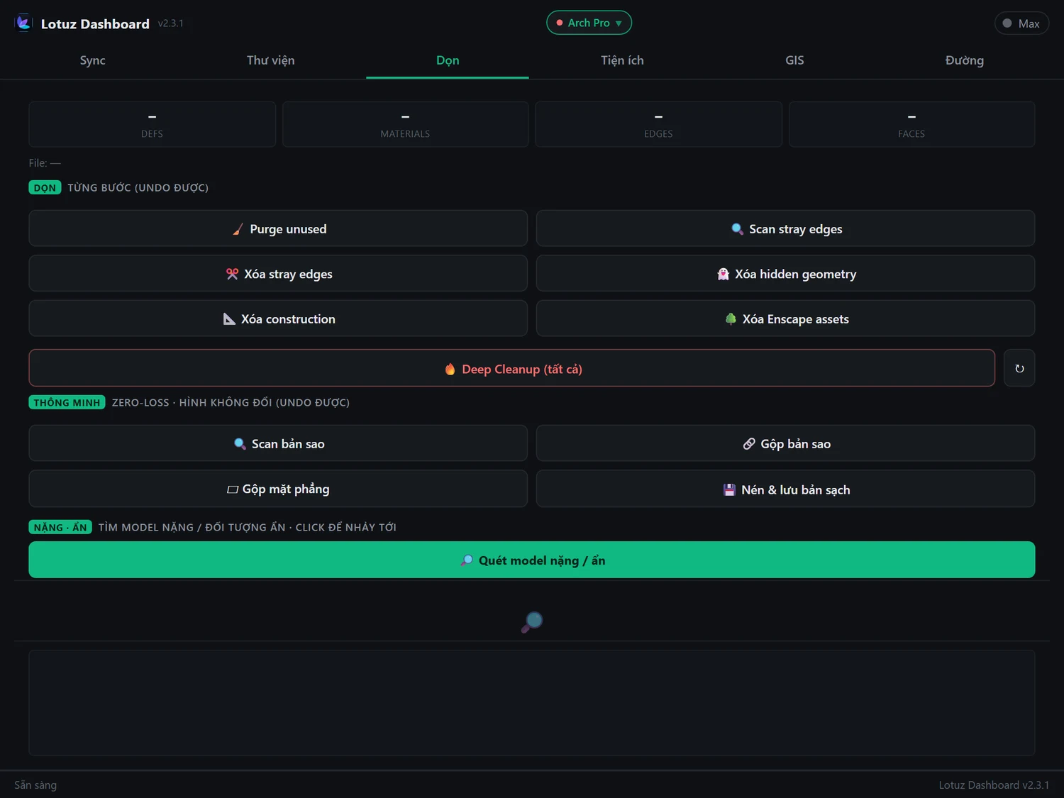 The Clean tab — Lotuz Dashboard v2.3.1