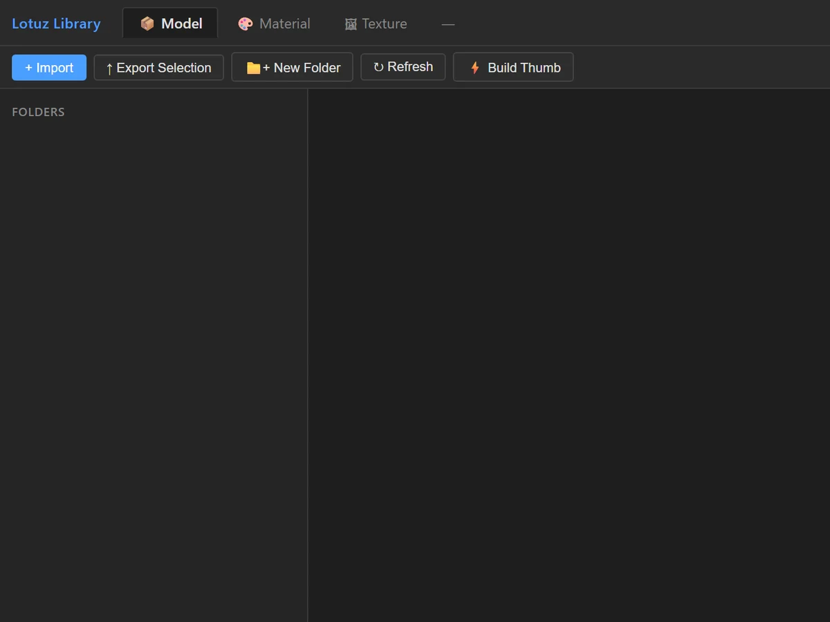 Library Manager — Model · Material · Texture tabs, command bar and folder tree
