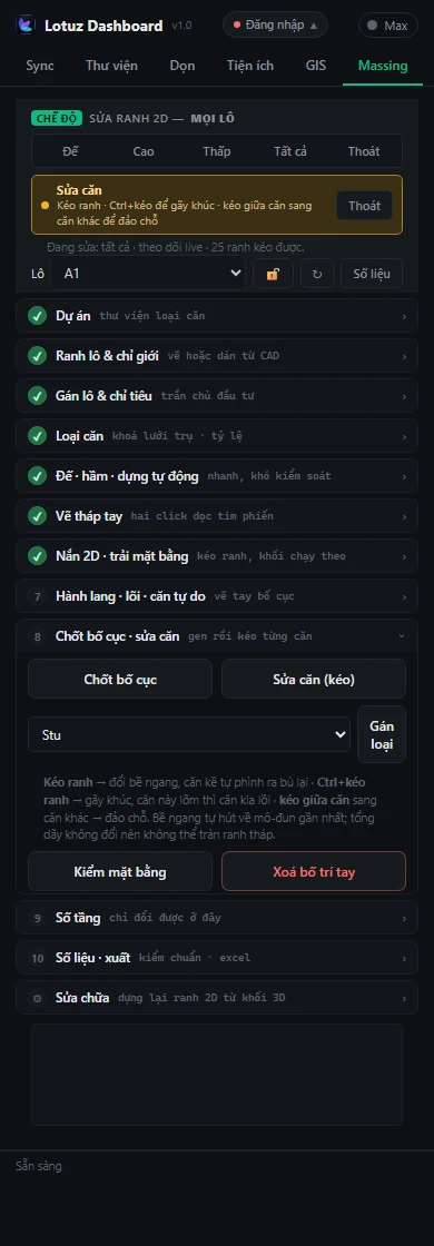 The Massing tab in the Lotuz Dashboard: project, plot boundary, unit types, massing, lock the layout