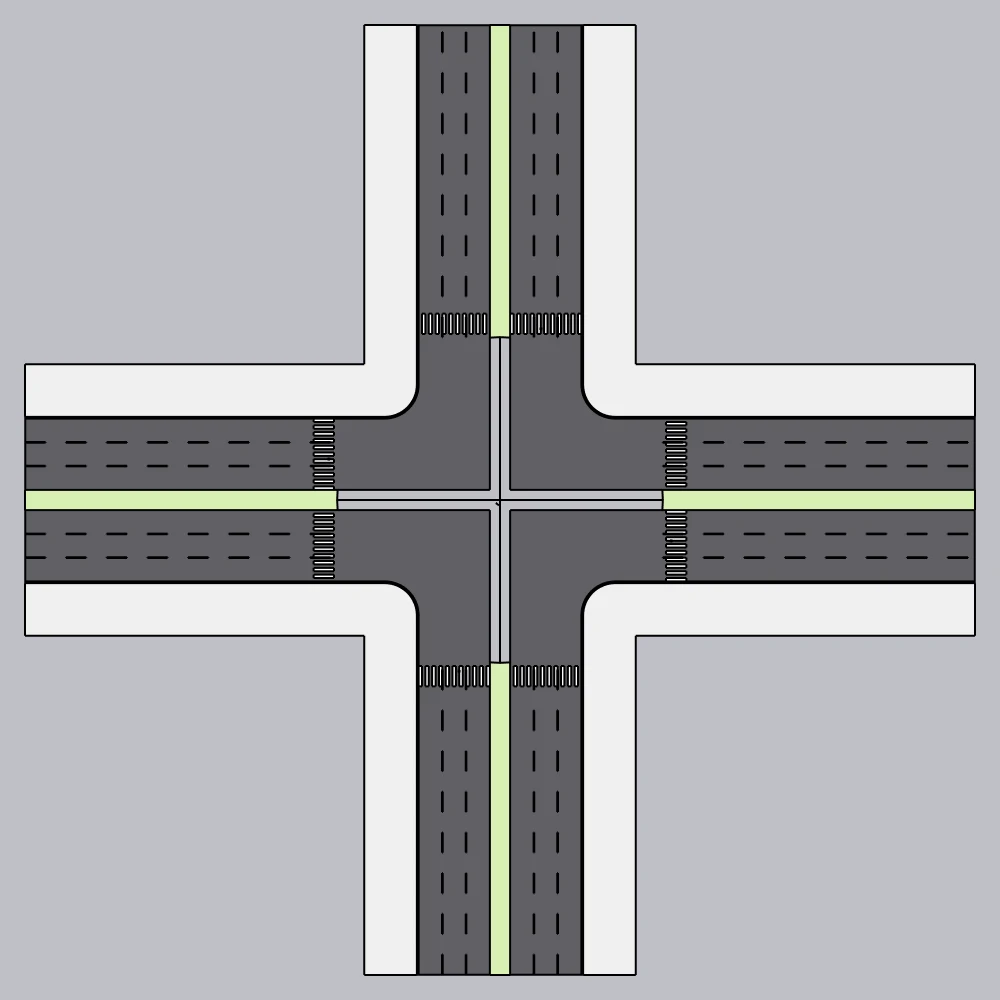 Six-lane junction in plan: lane lines, stop bars, crossings