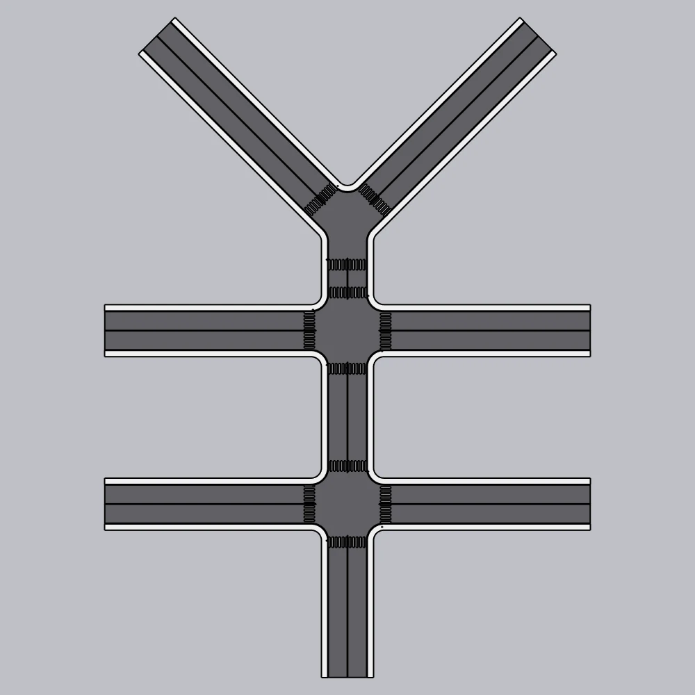 A network of junctions, including a skewed three-arm one